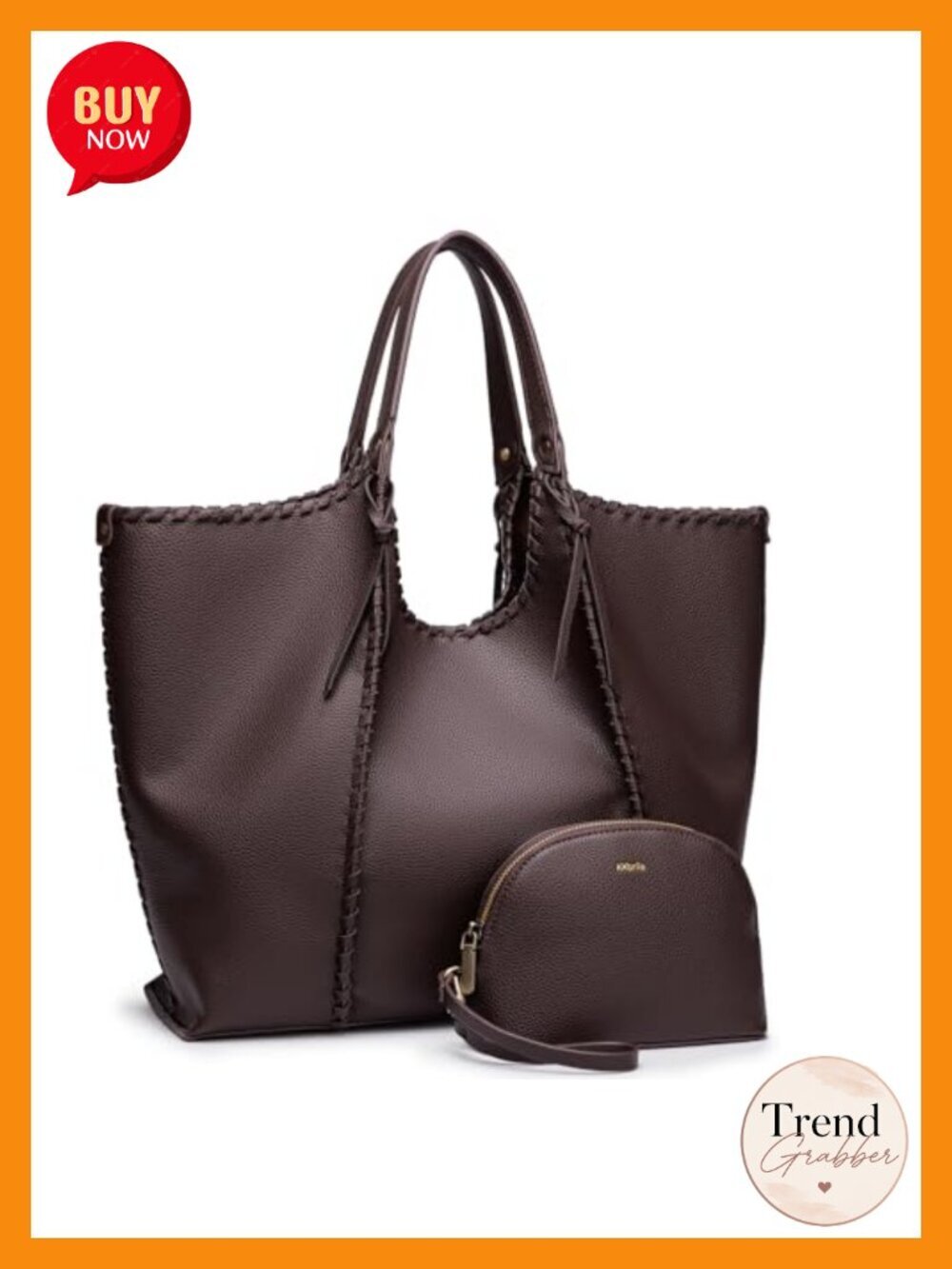 Oversize Vegan Leather Tote Bag with Detachable Clutch, Work Weekender